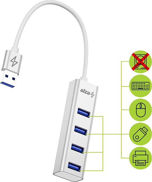 USB Hub AlzaPower AluCore USB-A (M) to 4× USB-A (F) Silver Features/technology