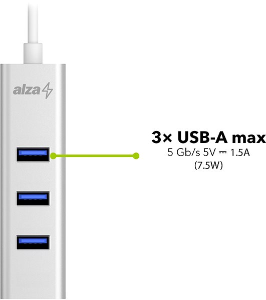 USB Hub AlzaPower AluCore USB-A (M) to 3× USB-A (F) with LAN Silver Features/technology