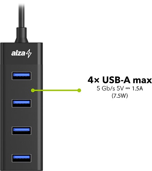 USB Hub AlzaPower Core USB-C (M) to 4× USB-A (F) black Features/technology