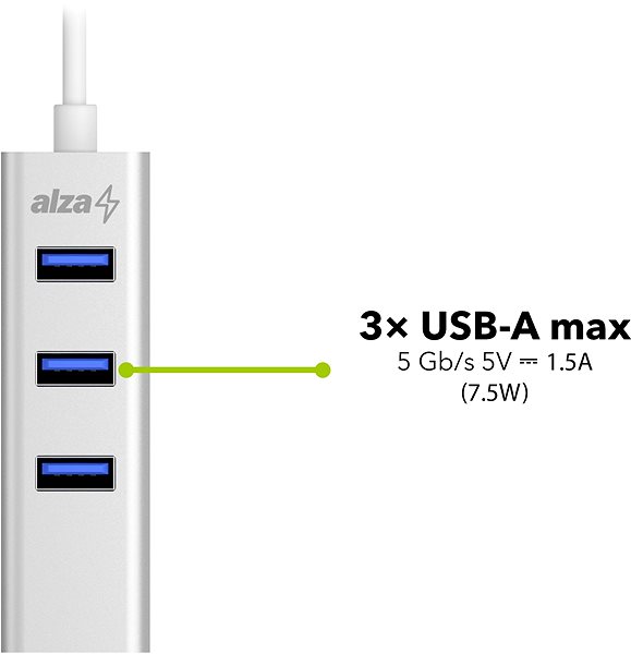 USB Hub AlzaPower AluCore USB-C (M) to 3× USB-A (F) with LAN Silver Features/technology