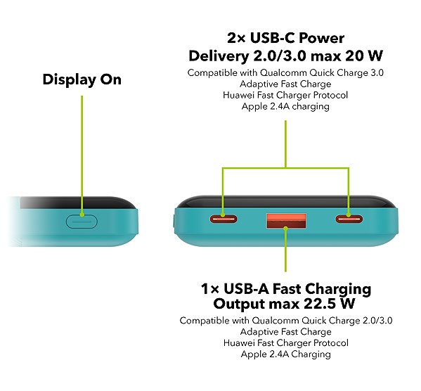 Power Bank AlzaPower Parade Gen2 10000mAh Power Delivery (22.5W) turquoise ...
