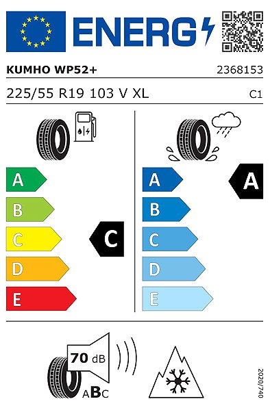 Zimní pneumatika Kumho WinterCraft WP52+ 225/55 R19 103V XL Energetický štítek