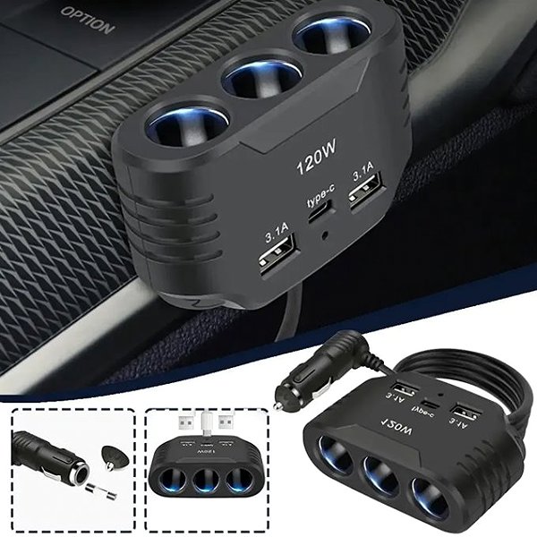 Car Charger PREXIM Power strip with cable + usb-c- 3,1A 120W 12/24V ...
