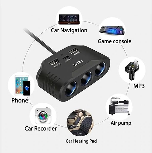 Car Charger PREXIM Power strip with cable + usb-c- 3,1A 120W 12/24V ...
