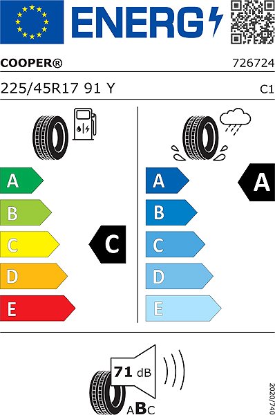 Letná pneumatika Cooper Tires SUMMER 225/45 R17 91Y Energetický štítok