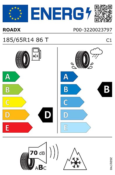 Celoročná pneumatika RoadX 185/65 R14 MULTISEASON 86T 3PMSF Energetický štítok
