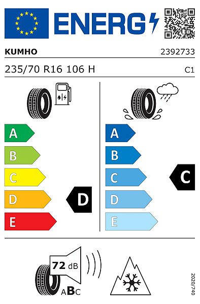 Zimní pneumatika Kumho 235/70 R16 WS71 106H 3PMSF Energetický štítek