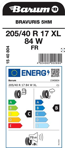 Letná pneumatika Barum Bravuris 5HM 205/40 R17 XL FR 84 W Energetický štítok