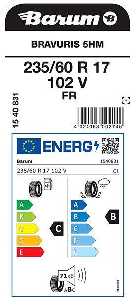 Letní pneumatika Barum Bravuris 5HM 235/60 R17 FR 102 V Energetický štítek