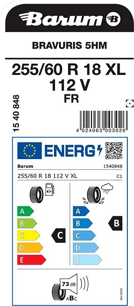 Letná pneumatika Barum Bravuris 5HM 255/60 R18 XL FR 112 V Energetický štítok