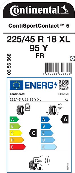 Letná pneumatika Continental ContiSportContact 5 225/45 R18 XL 95 Y Energetický štítok