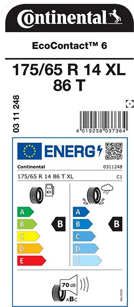 Letní pneumatika Continental EcoContact 6 175/65 R14 XL 86 T Energetický štítek