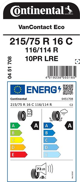 Letní pneumatika Continental VanContact Eco 215/75 R16 116 R C Energetický štítek