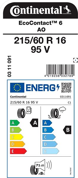 Letní pneumatika Continental EcoContact 6 215/60 R16 95 V Energetický štítek
