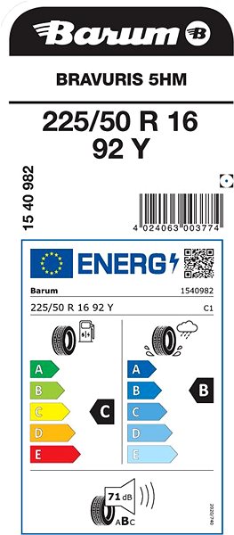 Letní pneumatika Barum Bravuris 5HM 225/50 R16 92 Y Energetický štítek