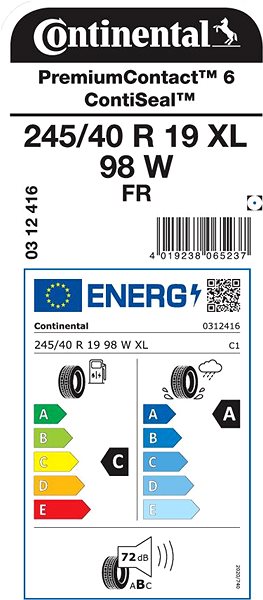 Letní pneumatika Continental PremiumContact 6 245/40 R19 98 W XL Energetický štítek