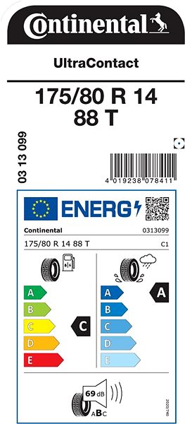 Letní pneumatika Continental UltraContact 175/80 R14 88 T Energetický štítek