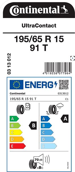 Letná pneumatika Continental UltraContact 195/65 R15 91 T Energetický štítok