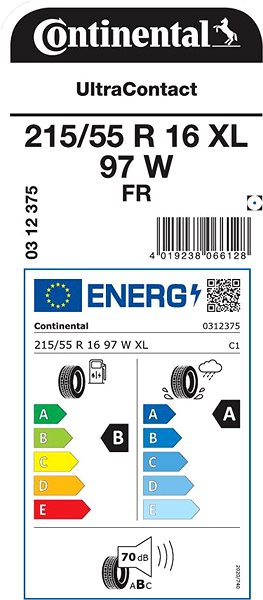 Letní pneumatika Continental UltraContact 215/55 R16 97 W XL Energetický štítek