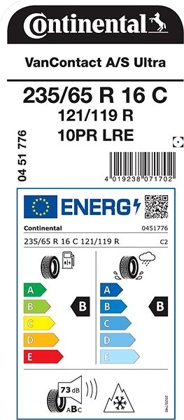 Celoroční pneu Continental VanContact A/S Ultra 235/65 R16 121/119 R XL Energetický štítek