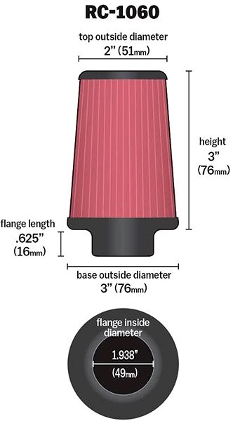 Vzduchový filter K&N RC-1060 univerzálny okrúhly skosený filter so vstupom 49 mm a výškou 76 mm ...