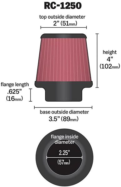 Vzduchový filter K&N RC-1250 univerzálny okrúhly skosený filter so vstupom 57 mm a výškou 102 mm ...