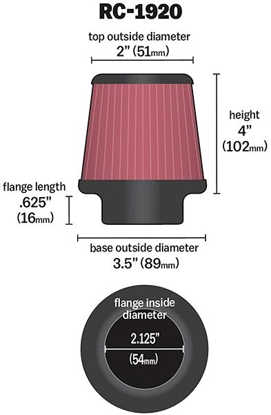 Vzduchový filter K&N RC-1920 univerzálny okrúhly skosený filter so vstupom 54 mm a výškou 102 mm ...