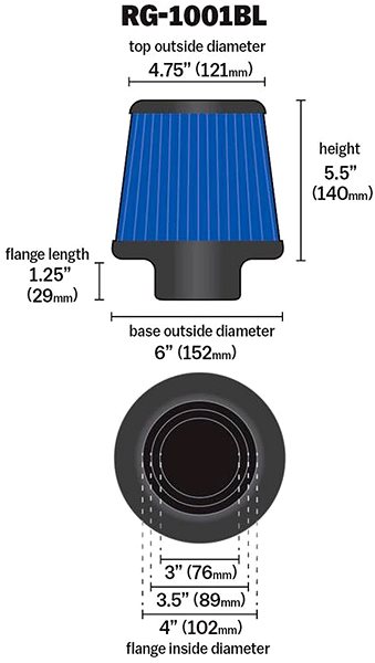 Vzduchový filter K&N RG-1001BL univerzálny okrúhly skosený filter so vstupom 102 mm a výškou 140 mm ...