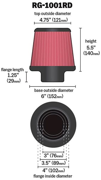 Vzduchový filter K&N RG-1001RD univerzálny okrúhly skosený filter so vstupom 102 mm a výškou 140 mm ...
