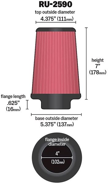 Vzduchový filter K & N RU-2590 univerzálny okrúhly skosený filter so vstupom 102 mm a výškou 178 mm ...