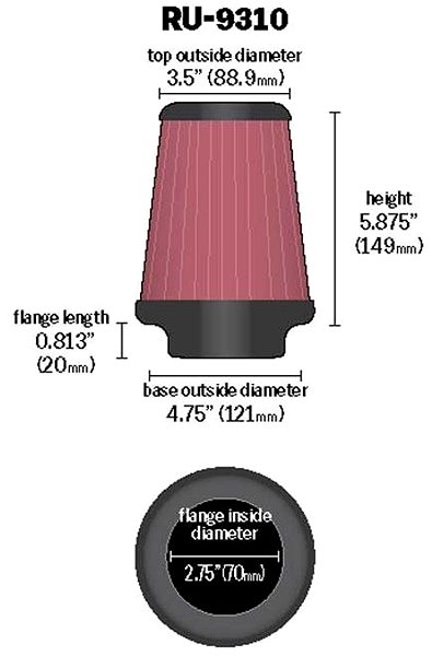 Vzduchový filter K&N RU-9310 univerzálny okrúhly skosený filter so vstupom 70 mm a výškou 149 mm ...