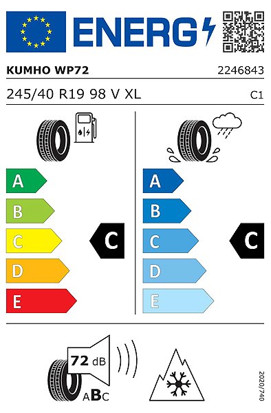 Zimní pneumatika Kumho WP72 Wintercraft 245/40 R19 98 V Zesílená Zimní Energetický štítek