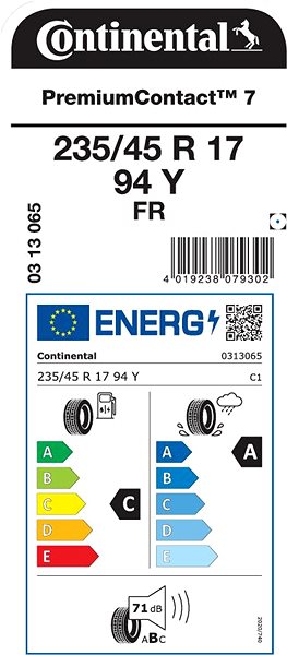 Letní pneumatika Continental PremiumContact 7 235/45 R17 FR 94 Y Energetický štítek