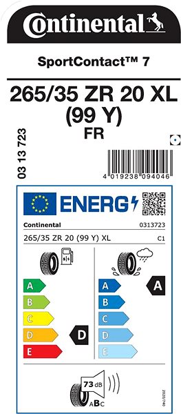 Letná pneumatika Continental SportContact 7 265/35 R20 XL FR 99 Y Energetický štítok