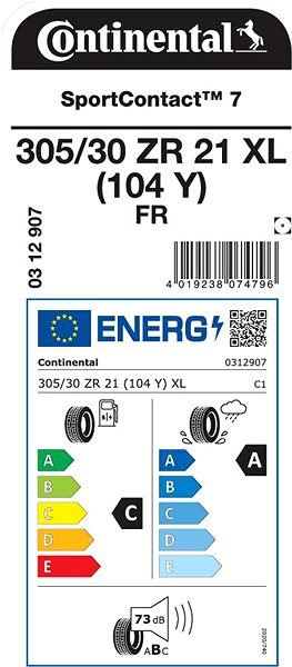 Letná pneumatika Continental SportContact 7 305/30 R21 XL FR 104 Y Energetický štítok