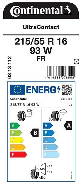 Letná pneumatika Continental UltraContact 215/55 R16 FR 93 W Energetický štítok