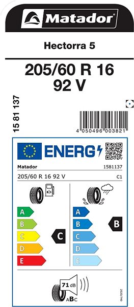 Letní pneumatika Matador Hectorra 5 205/60 R16 92 V Energetický štítek