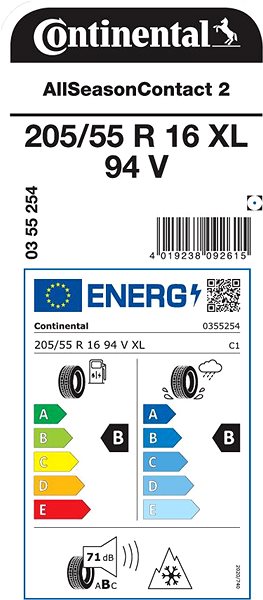 Celoroční pneumatika Continental Allseasoncontact 2 205/55 R16 94V Xl Celoroční Energetický štítek