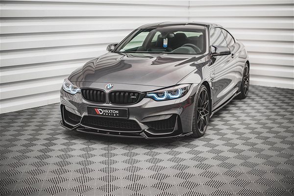 Spoiler Maxton Design spoiler under front bumper for BMW M4 F82, black glossy ABS plastic.