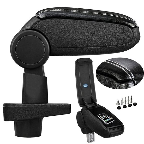 Armrest PROTEC Armrest, Renault Clio 4, synthetic leather, black, white stitching 2012 - 2019 .