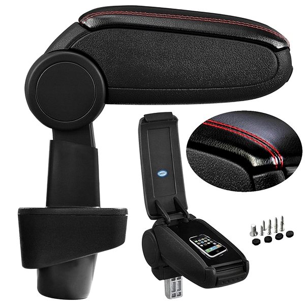 Armrest PROTEC Armrest, Renault Clio 3, synthetic leather, black, red stitching 2005 - 2012 .