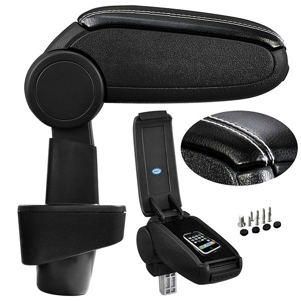 Armrest PROTEC Armrest, Renault Clio 3, synthetic leather, black, white stitching 2005 - 2012 .