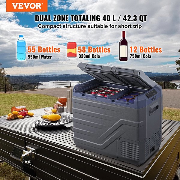 Vevor 40L dual-zone compressor car cooler with freezer.
