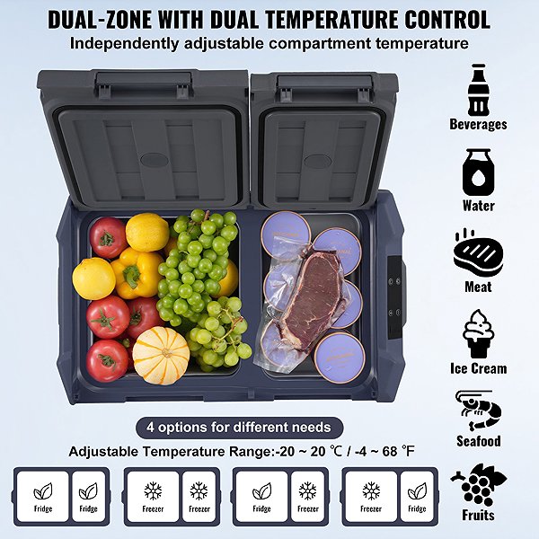 Vevor 40L dual-zone compressor car cooler with freezer.