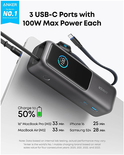 Power Bank Anker Power Bank 25K, 165W, Built-In USB-C and Retractable Cable Black ...