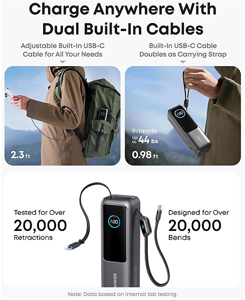 Power Bank Anker Power Bank 25K, 165W, Built-In USB-C and Retractable Cable Black ...