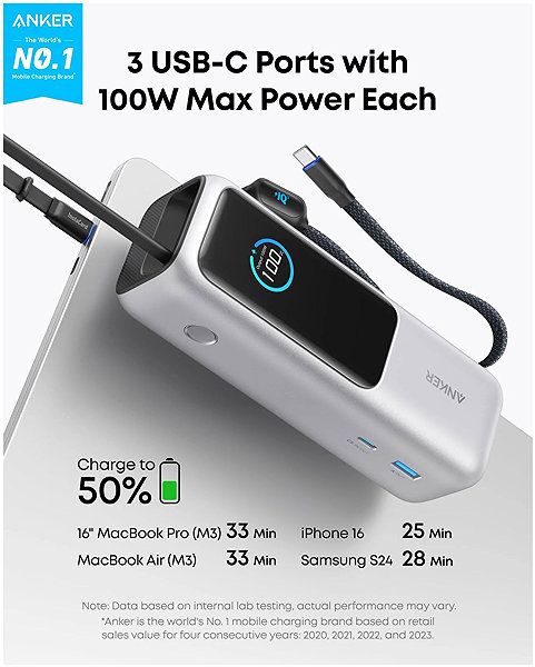 Powerbank Anker Power Bank 25K, 165W, Built-In USB-C and Retractable Cable Silver ...