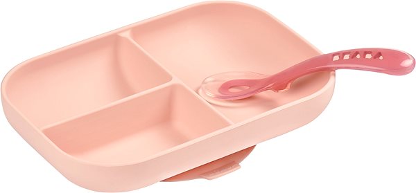 Gyerek tányér Beaba szilikonlemez tapadókoronggal + rózsaszín kanállal osztva ...