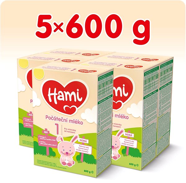 Dojčenské mlieko Hami Počiatočné dojčenské mlieko 0 m+ (5× 600 g) Vlastnosti/technológia
