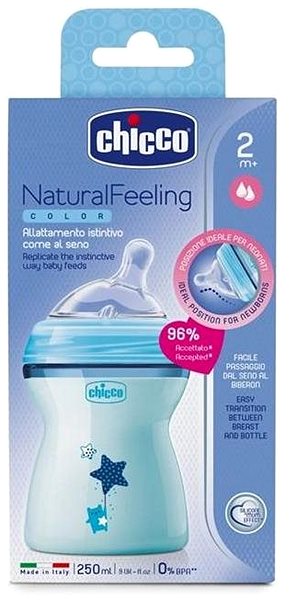 Dojčenská fľaša Chicco Natural Feeling 250 ml, chlapec 2 mes.+ Obal/škatuľka